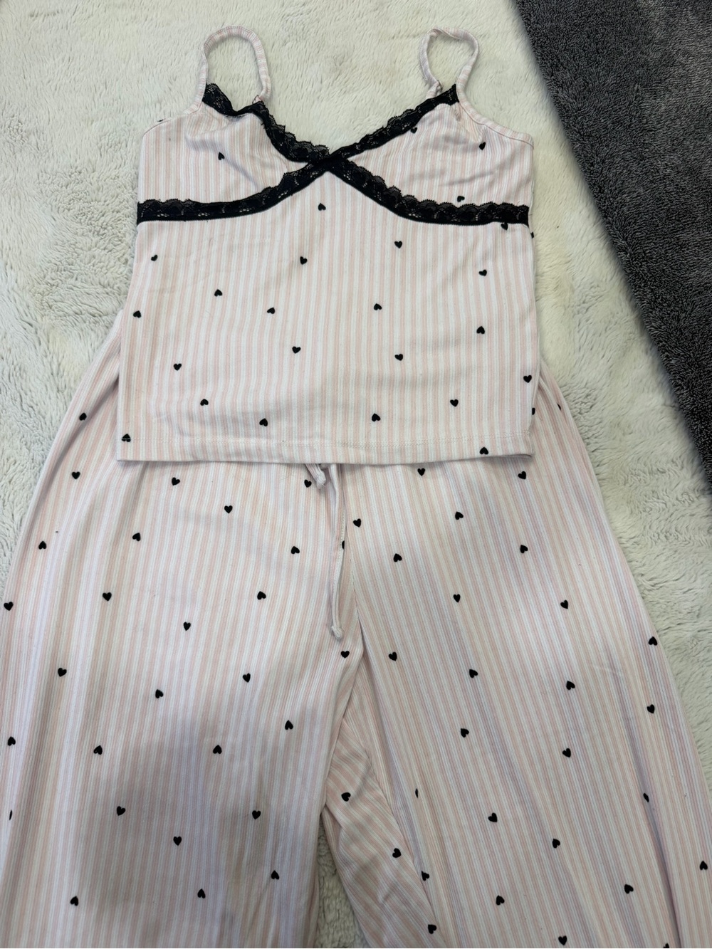 Urban Planet Pink & Black Heart Striped Lace-Trim Pajama Set